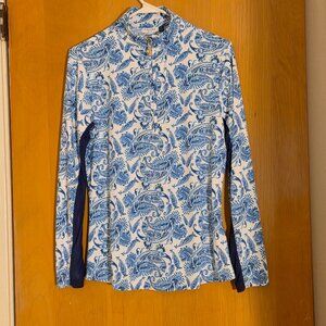 Cabana Life 1/4 Zip Pullover Top Womens M Blue Paisley Long Sleeve Mesh Golf